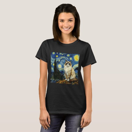 Van Gogh Art Starry Night - Funny Ragdoll Cat Arti Tシャツ (正面フル)