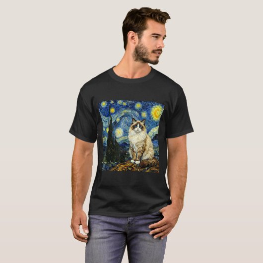 Van Gogh Art Starry Night - Funny Ragdoll Cat Arti Tシャツ (正面フル)