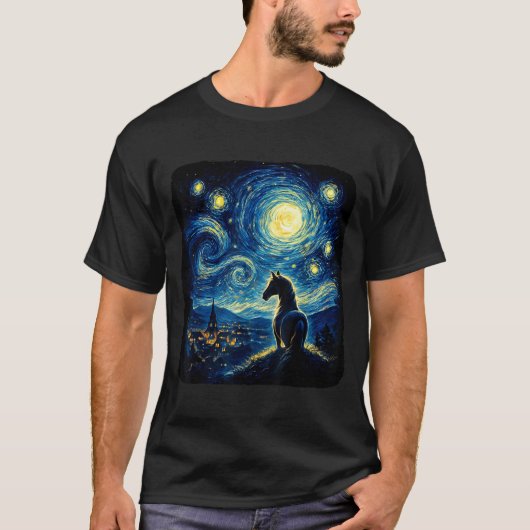 Van Gogh Cowgirl Horse Starry Funny Night Horses L Tシャツ (正面)