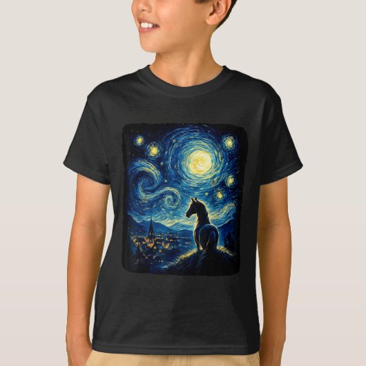 Van Gogh Cowgirl Horse Starry Funny Night Horses L Tシャツ (正面)