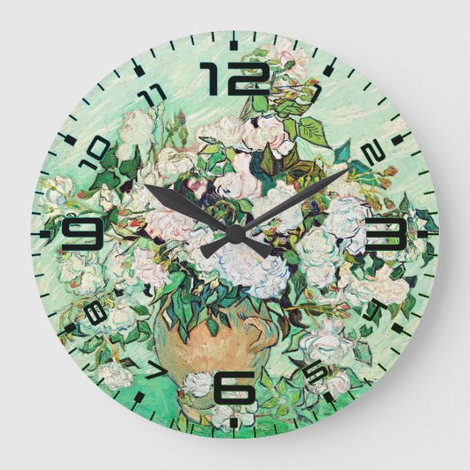 Van Gogh Roses Wall Clock – Mint Elegance ラージ壁時計 (正面)