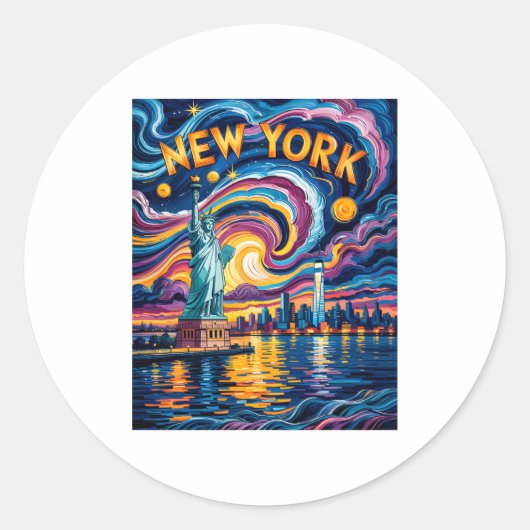 Van Gogh Starry Night Art New York Liberty Skyline ラウンドシール (正面)