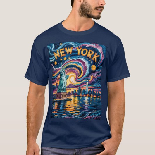 Van Gogh Starry Night Art New York Liberty Skyline Tシャツ (正面)