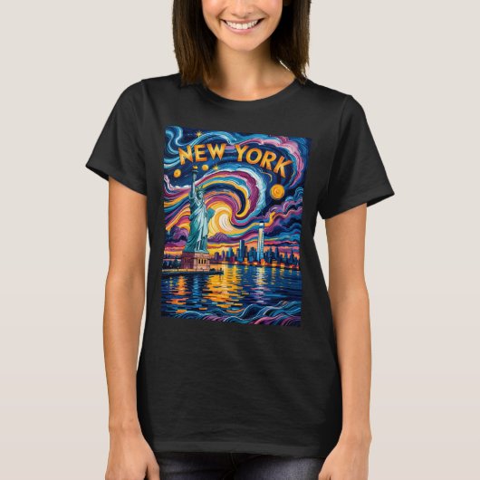 Van Gogh Starry Night Art New York Liberty Skyline Tシャツ (正面)