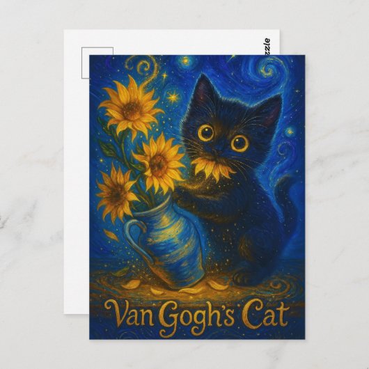 Van Gogh Starry Night Black Cat with Sunflowers ポストカード (正面/裏面)