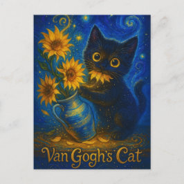 Van Gogh Starry Night Black Cat with Sunflowers ポストカード