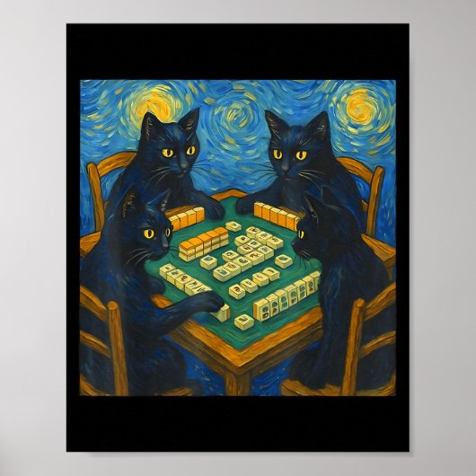 Van gogh starry night cat playing mahjong chinese ポスター (正面)