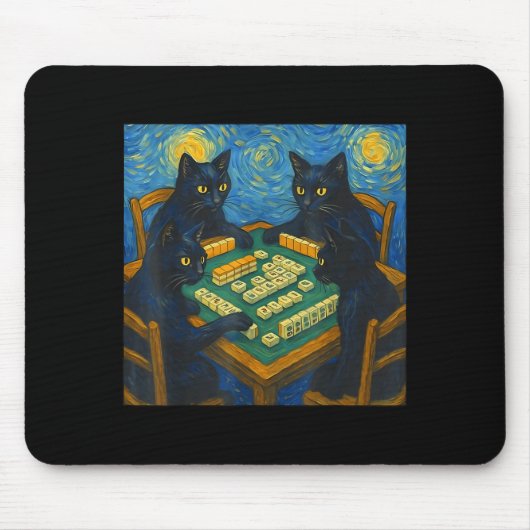 Van gogh starry night cat playing mahjong chinese マウスパッド (正面)
