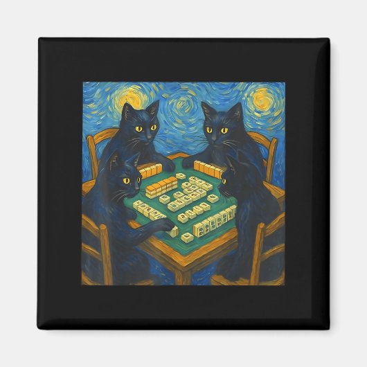 Van gogh starry night cat playing mahjong chinese マグネット (正面)