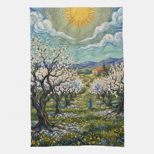 Van Gogh Style Almond Orchard Sunlit Blossom  キッチンタオル (縦)