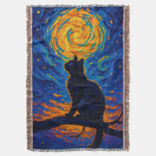 Van Gogh Style Black Cat Gazing at the Moon スローブランケット (正面縦)