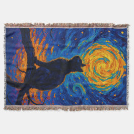 Van Gogh Style Black Cat Gazing at the Moon スローブランケット