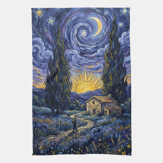 Van Gogh Style Cypress Dusk Midnight Moon キッチンタオル (縦)