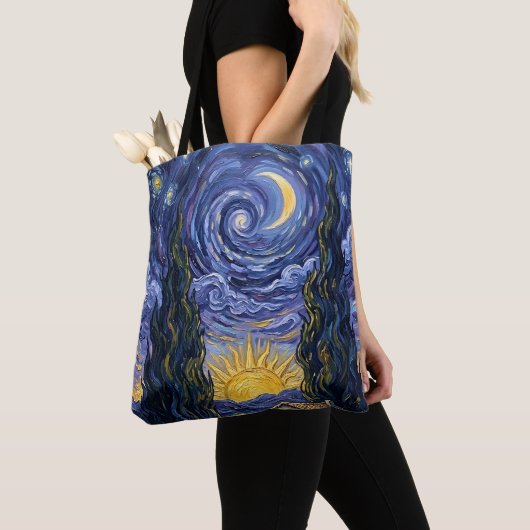 Van Gogh Style Cypress Dusk Midnight Moon Fine Art トートバッグ (クローズアップ)