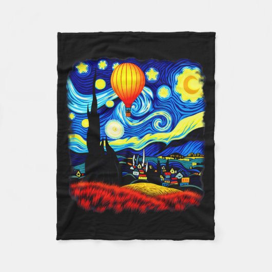 Van Gogh Style Hot Air Balloon Starry Night  フリースブランケット (正面)