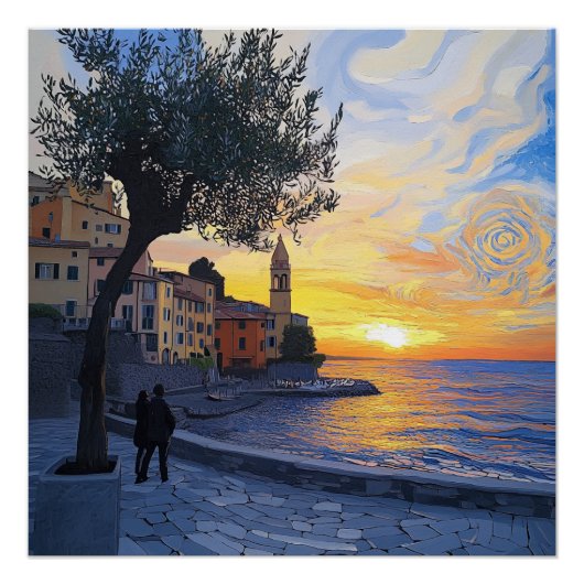 Van Gogh Style Ligurian Sunset – Glossy Art Poster ポスター (正面)