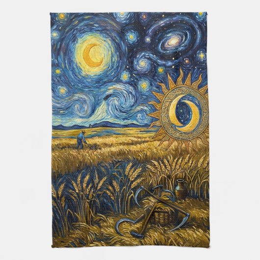 Van Gogh Style Starry Harvest Golden Wheat キッチンタオル (縦)