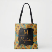 Van Gogh Sunflowers Teal Blue Monogram トートバッグ (正面)