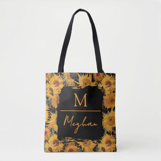 Van Gogh Sunflowers Yellow Black Monogram  トートバッグ (正面)