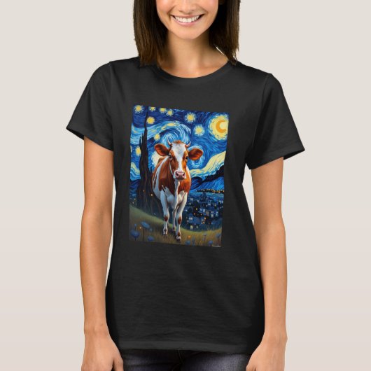 Van Gogh's Starry Night Cow Bovine Animal Lovers Tシャツ (正面)