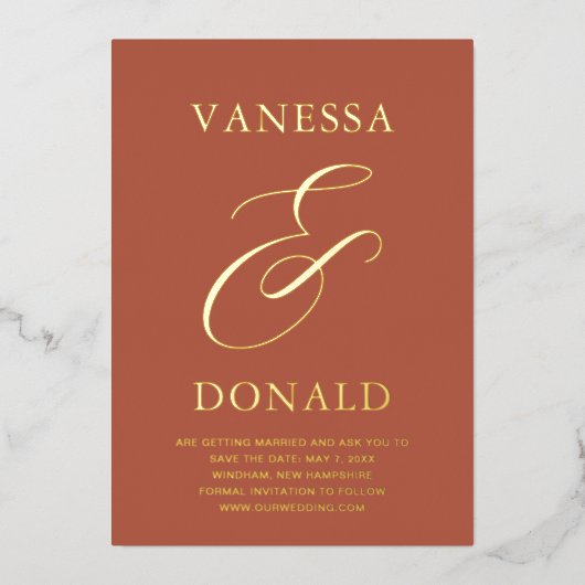 Vanessa Terracotta モダンウェディング セーブ・ザ・デート 箔招待状 (正面)