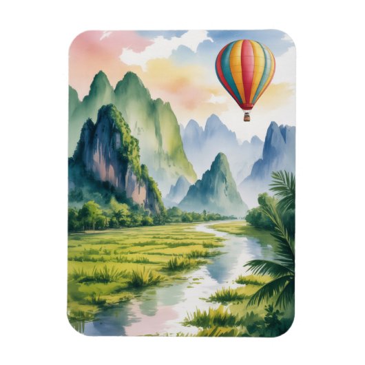  Vang Vieng Laos Hot air Balloon watercolor マグネット (縦)