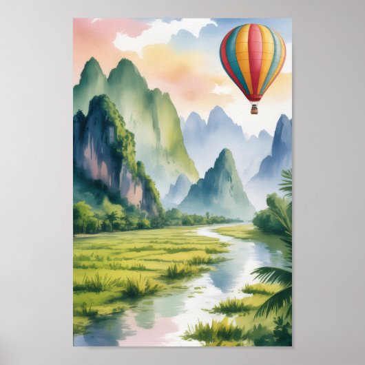 Vang Vieng Laos Travel Watercolor Painting ポスター (正面)