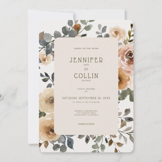 Vanilla White Boho Roses Cream Wedding 招待状 (正面)