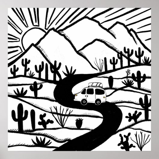 VANLIFE砂漠Cactiマウンテンエクスプロアアドベンチャー ポスター (正面)