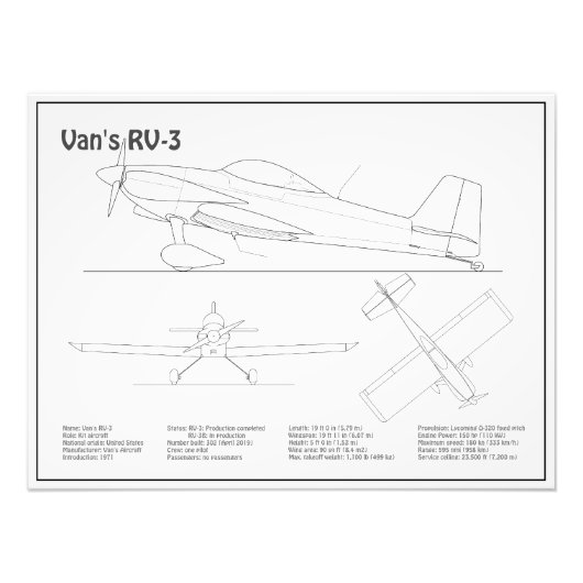 Van's RV-3 – 飛行機の設計図の計画BD フォトプリント (正面)