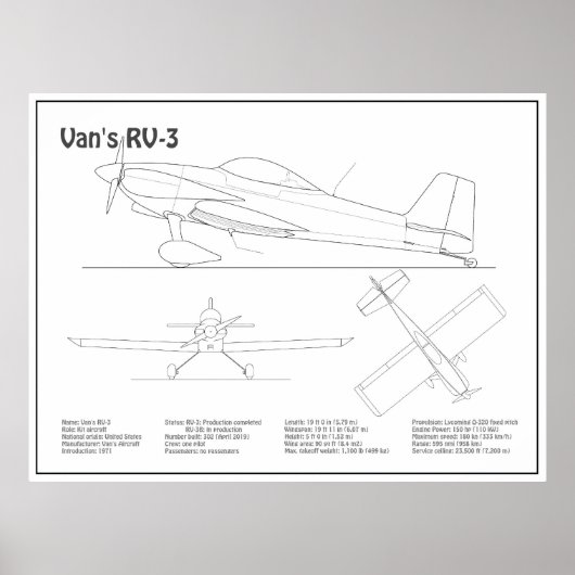 Van's RV-3 – 飛行機の設計図の計画BD ポスター (正面)