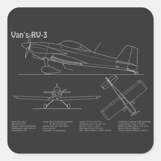 Van's RV-3 – 飛行機の設計図の計画PD スクエアシール (正面)