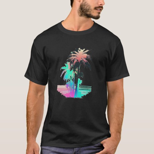 Vaperwave美学グリッチヤシの木レトロウェーブシンセ Tシャツ (正面)