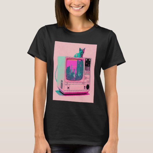 Vaperwave美学グリッチ猫レトロウェーブSynthwave Tシャツ (正面)
