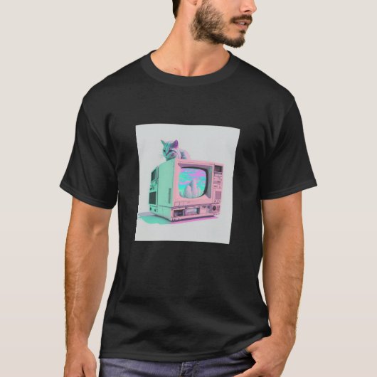 Vaperwave Aesthetic Glitch Cat Retrowave Synthwave Tシャツ (正面)