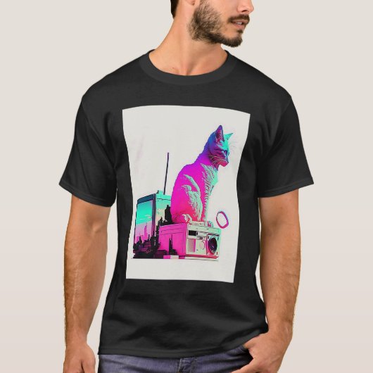 Vaperwave Aesthetic Glitch Cat Retrowave Synthwave Tシャツ (正面)