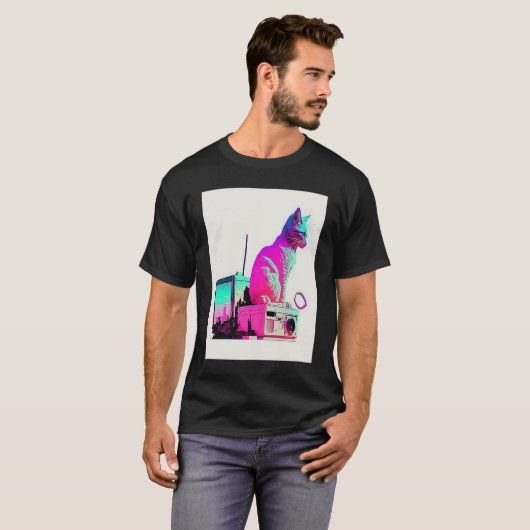 Vaperwave Aesthetic Glitch Cat Retrowave Synthwave Tシャツ (正面フル)