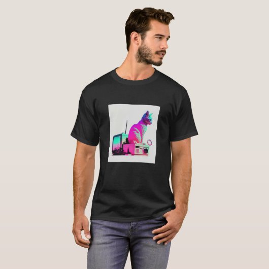 Vaperwave Aesthetic Glitch Cat Retrowave Synthwave Tシャツ (正面フル)