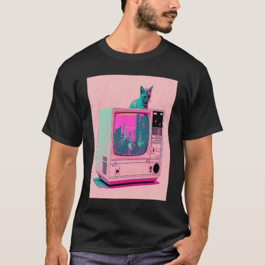 Vaperwave Aesthetic Glitch Cat Retrowave Synthwave Tシャツ (正面)