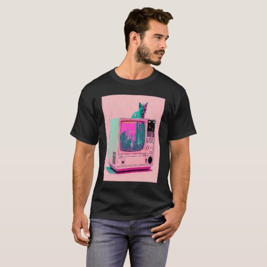 Vaperwave Aesthetic Glitch Cat Retrowave Synthwave Tシャツ (正面フル)