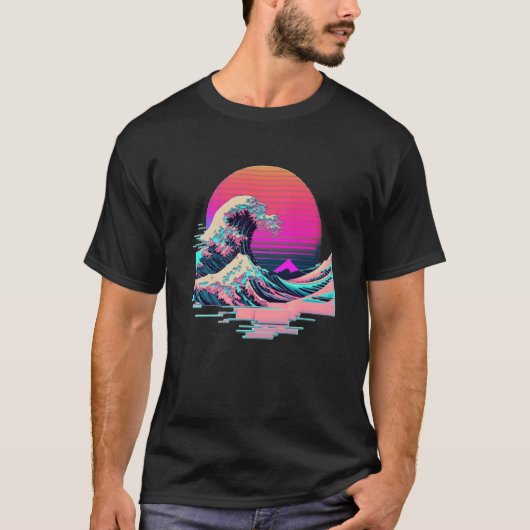 Vaperwave Aesthetic Glitch Great Wave Retrowave Sy Tシャツ (正面)
