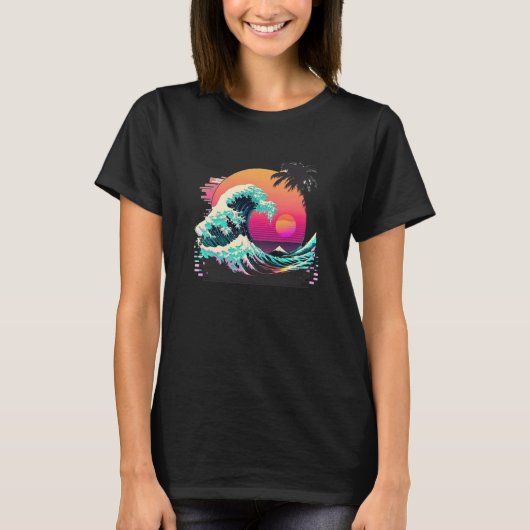 Vaperwave Aesthetic Glitch Great Wave Retrowave Sy Tシャツ (正面)