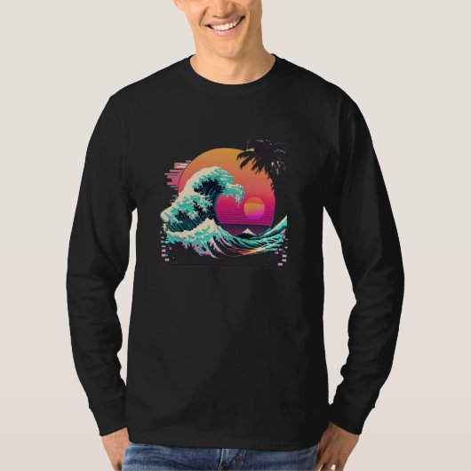 Vaperwave Aesthetic Glitch Great Wave Retrowave Sy Tシャツ (正面)