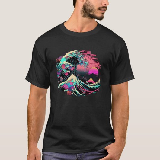 Vaperwave Aesthetic Glitch Great Wave Retrowave Sy Tシャツ (正面)