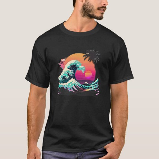 Vaperwave Aesthetic Glitch Great Wave Retrowave Sy Tシャツ (正面)