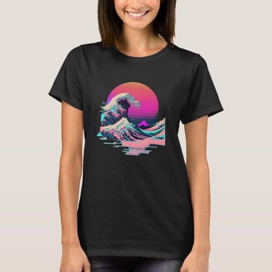 Vaperwave Aesthetic Glitch Great Wave Retrowave Sy Tシャツ (正面)