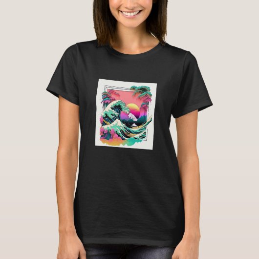Vaperwave Aesthetic Glitch Great Wave Retrowave Sy Tシャツ (正面)