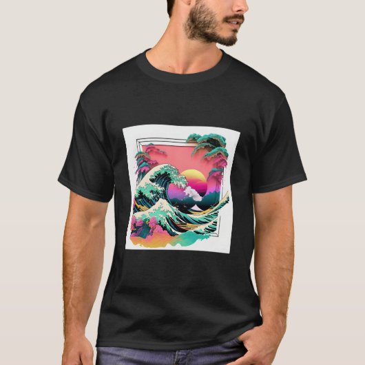 Vaperwave Aesthetic Glitch Great Wave Wave Synthwa Tシャツ (正面)