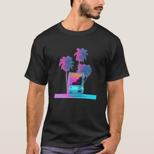 Vaperwave Aesthetic Glitch Palm Tree Retrowave Syn Tシャツ (正面)