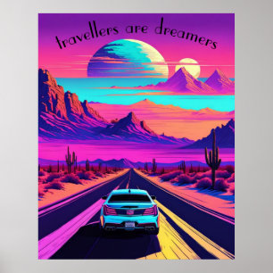 Vaporwaveサイケデリック砂漠の道路のシーン。編集可能。 ポスター